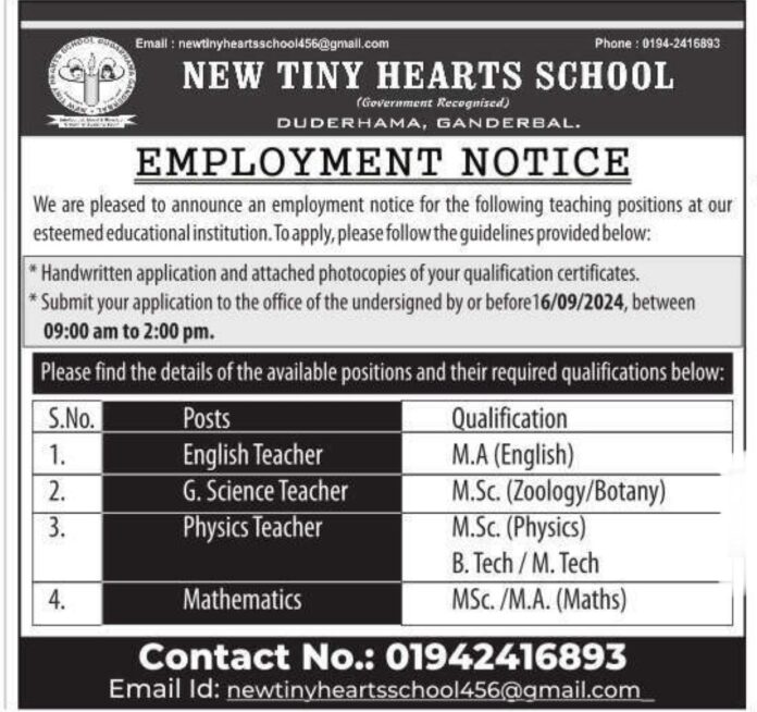 New Tiny Hearts School Employment Notice 2024