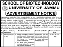 School of Biotechnology, University of Jammu - Research Project Recruitment 2024