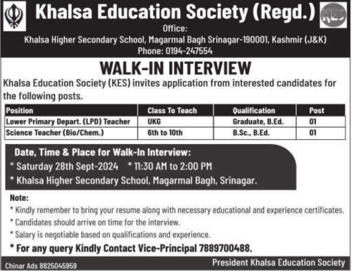 Walk-in Interview at Khalsa Education Society, Srinagar