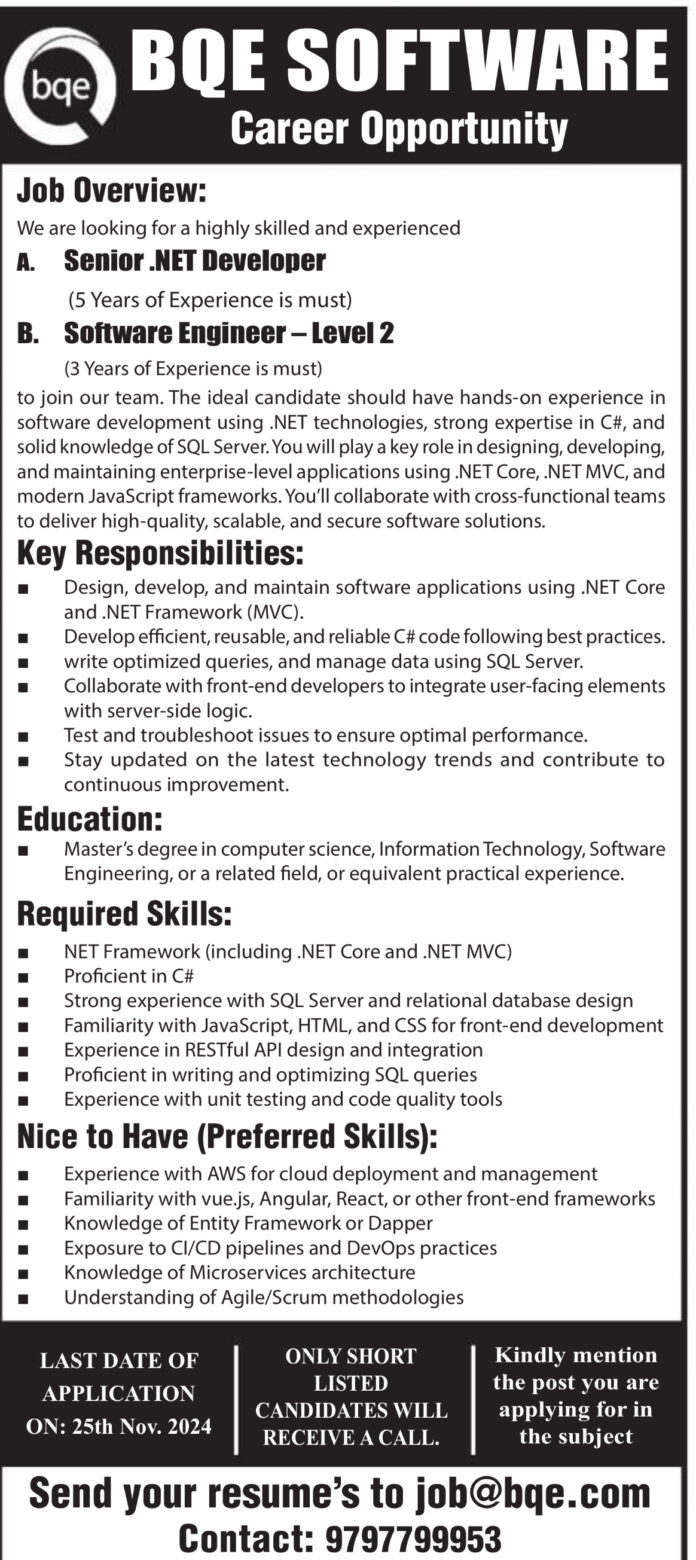 Senior .NET Developer at BQE Software – 5+ Years of Experience Required