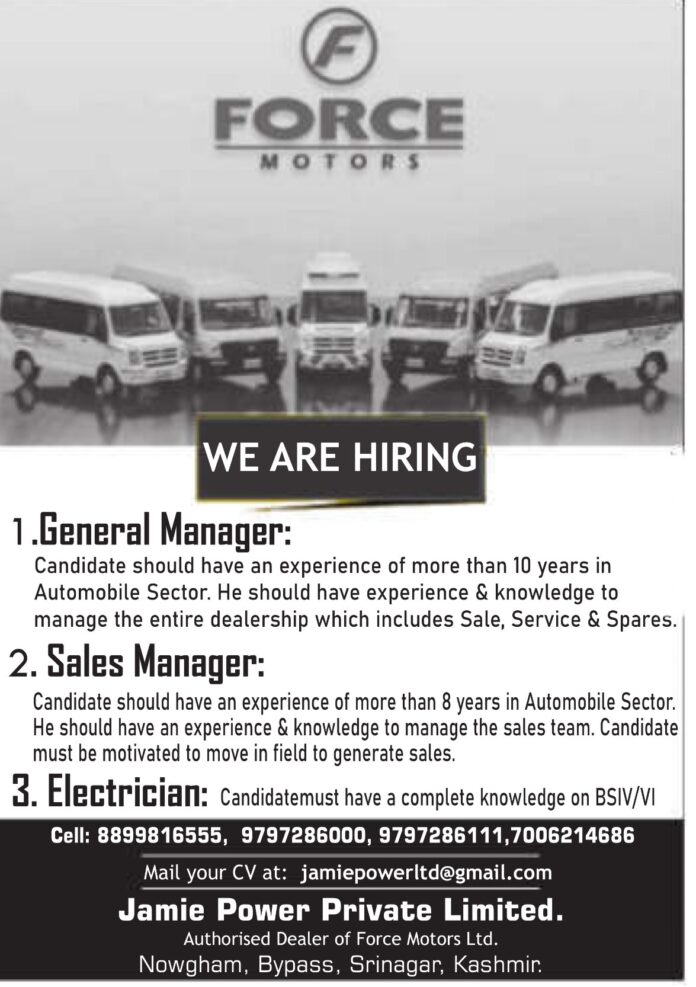 Hiring for General Manager, Sales Manager & Electrician – Force Motors Dealership, Srinagar