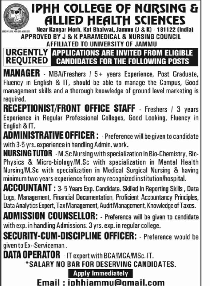 Job Openings at IPHH College of Nursing & Allied Health Sciences, Jammu