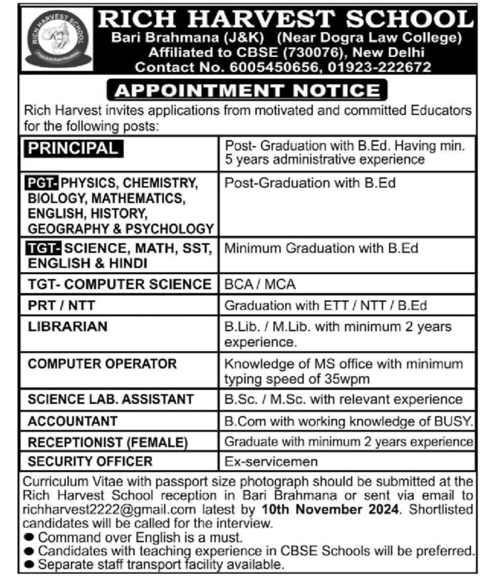 Rich Harvest School, Bari Brahmana - Teaching and Staff Vacancies 2024