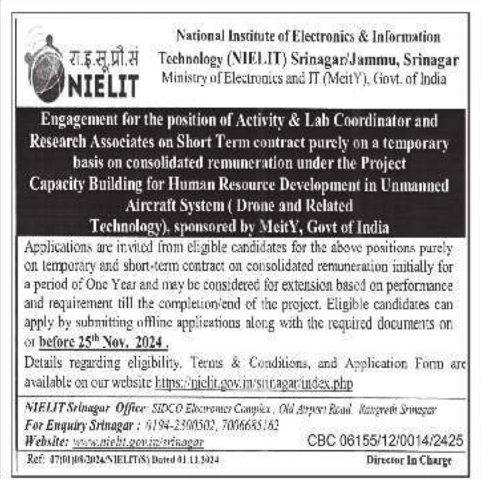 Job Opportunities at NIELIT Srinagar - Temporary Positions for Drone Technology Project