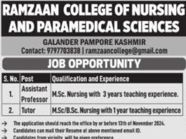 Job Openings for Nursing Faculty - Ramzaan College of Nursing, Pampore