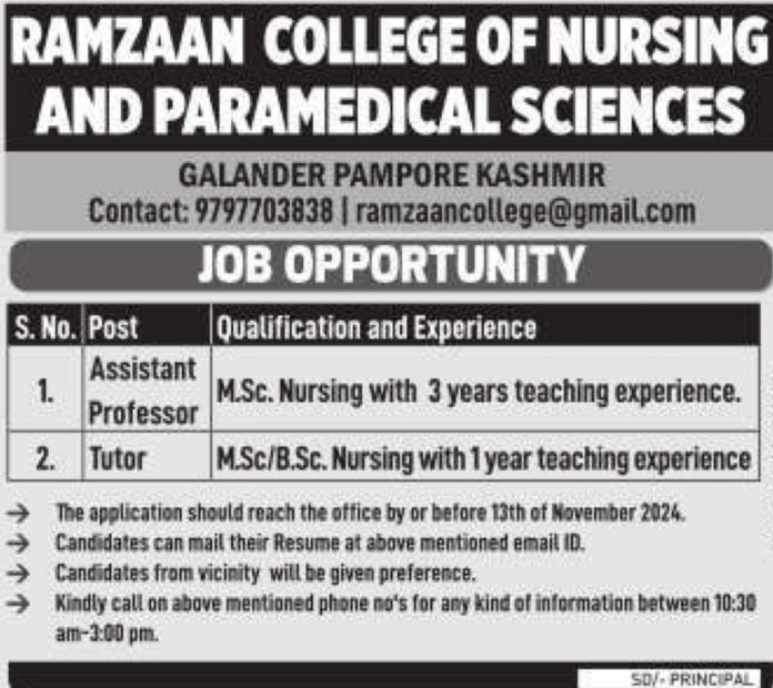 Job Openings for Nursing Faculty - Ramzaan College of Nursing, Pampore