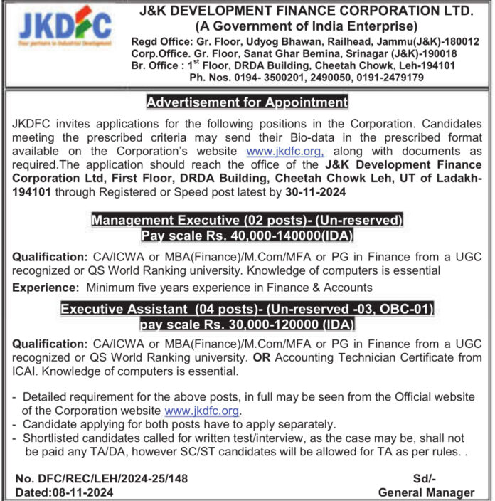 Job Openings at JKDFC: Management Executives & Executive Assistants