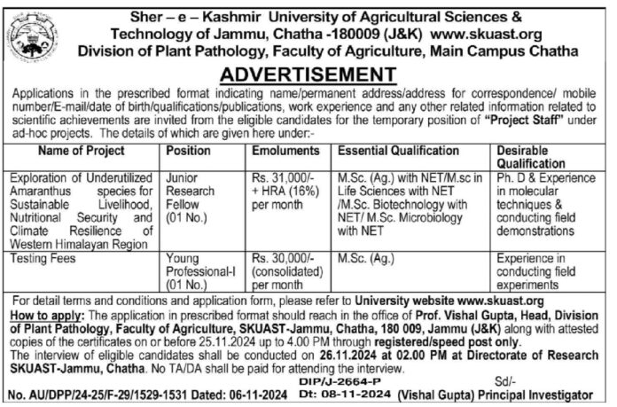 Job Opportunities at Sher-e-Kashmir University of Agricultural Sciences & Technology (SKUAST) Jammu 2024