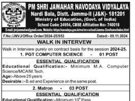 PM SHRI Jawahar Navodaya Vidyalaya, Nardi Bala, Jammu-II - Walk-In-Interview for Contractual Positions