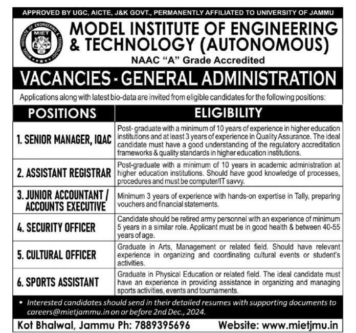 Administrative Vacancies at MIET, Jammu