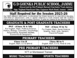 Teaching and Non-Teaching Vacancies at G.D. Goenka Public School, Jammu (2025-26)