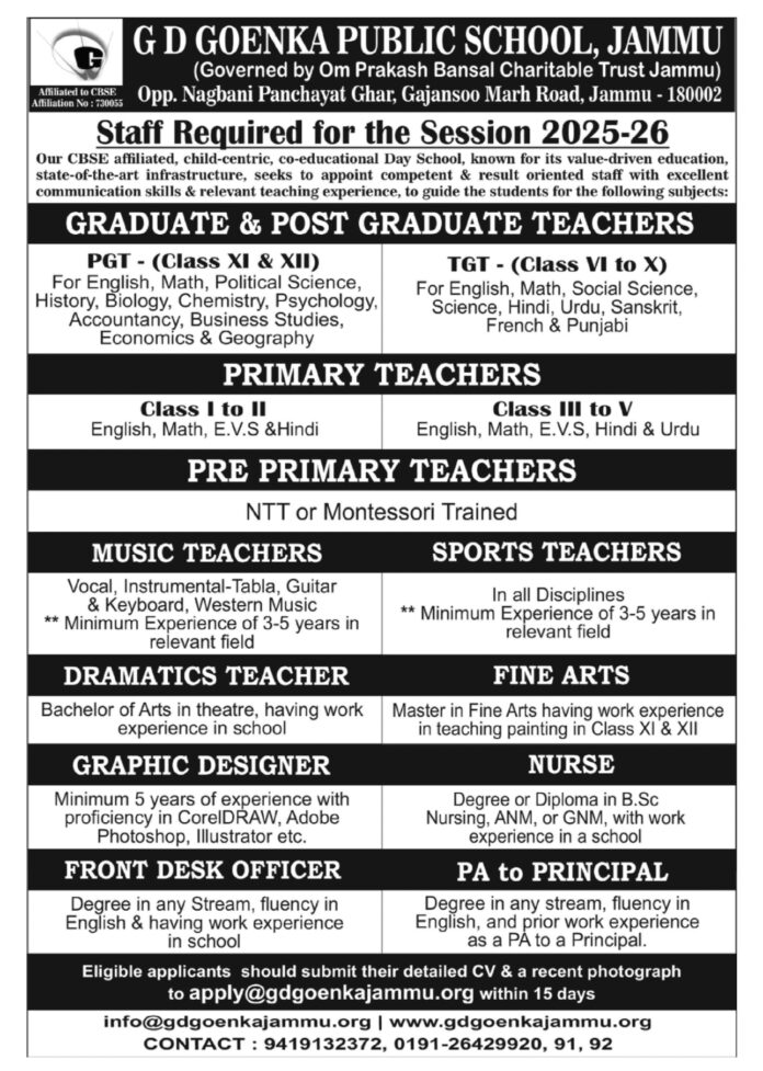 Teaching and Non-Teaching Vacancies at G.D. Goenka Public School, Jammu (2025-26)