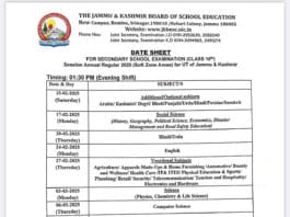 Jammu & Kashmir Board of School Education (JKBOSE) Date Sheet 10th class