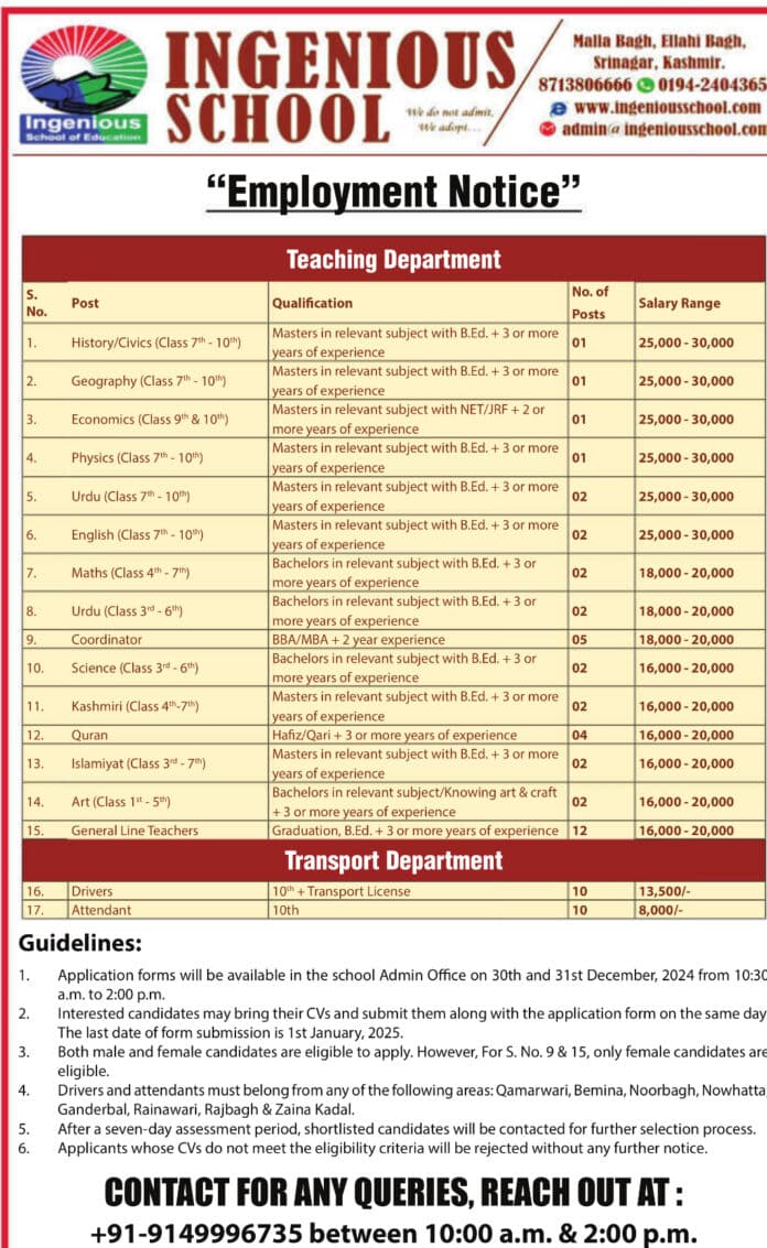 Job Opportunities at Ingenious School, Srinagar