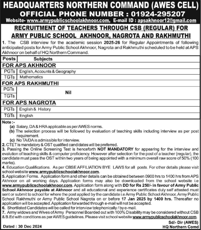 Teaching Vacancies at Army Public Schools: Akhnoor, Nagrota & Rakhmuthi