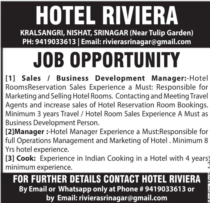 Job Opportunities at Hotel Riviera, Srinagar 2025