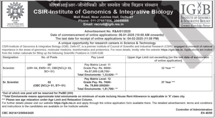 Job Opening: Scientific Positions at CSIR-Institute of Genomics & Integrative Biology (IGIB), Delhi