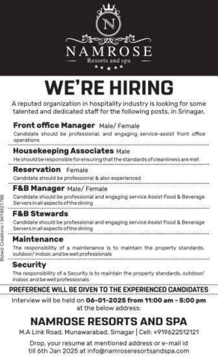 Job Opening: Multiple Vacancies at Namrose Resorts and Spa, Srinagar