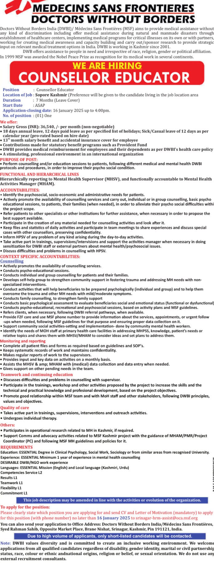 Counsellor Educator Position Open at Médecins Sans Frontières, Sopore, Kashmir