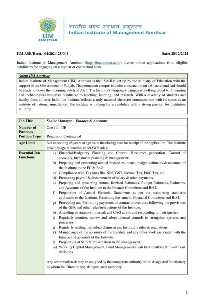 Job Opening: Senior Manager – Finance & Accounts at IIM Amritsar