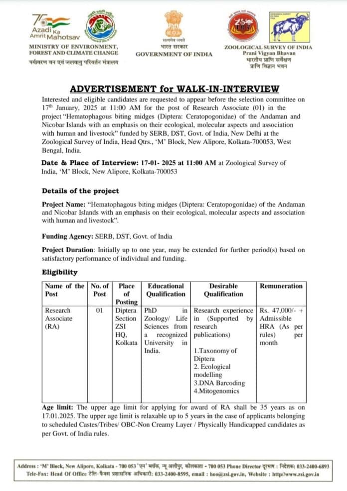 Job Opening: Research Associate (RA) at Zoological Survey of India (ZSI)