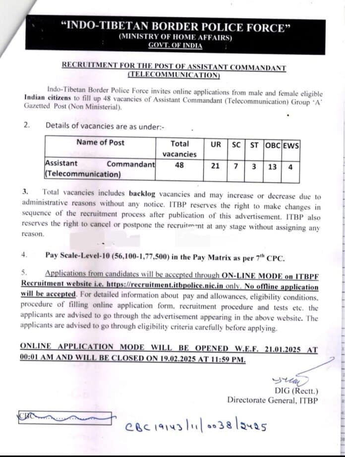 Job Opening: Assistant Commandant (Telecommunication) at ITBP