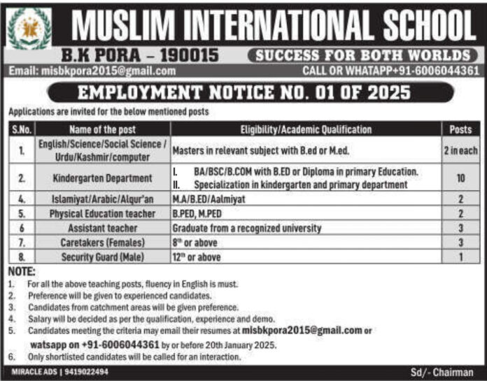 Muslim International School Recruitment 2025: Various Teaching and Non-Teaching Posts