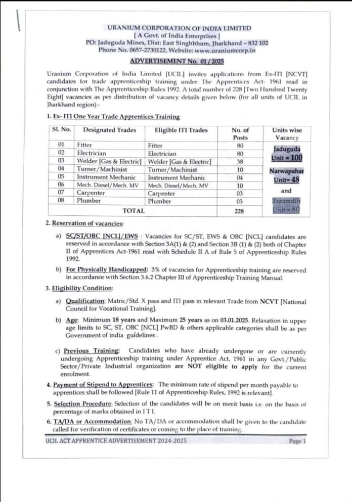 Uranium Corporation of India Limited (UCIL) Recruitment 2025: ITI Trade Apprenticeship