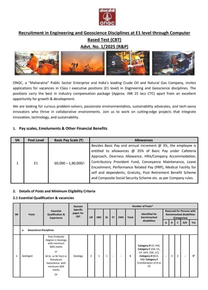 ONGC Recruitment 2025 for Engineering and Geoscience Disciplines