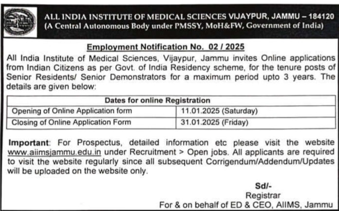 Job Opening: Senior Residents/Senior Demonstrators at AIIMS Vijaypur, Jammu