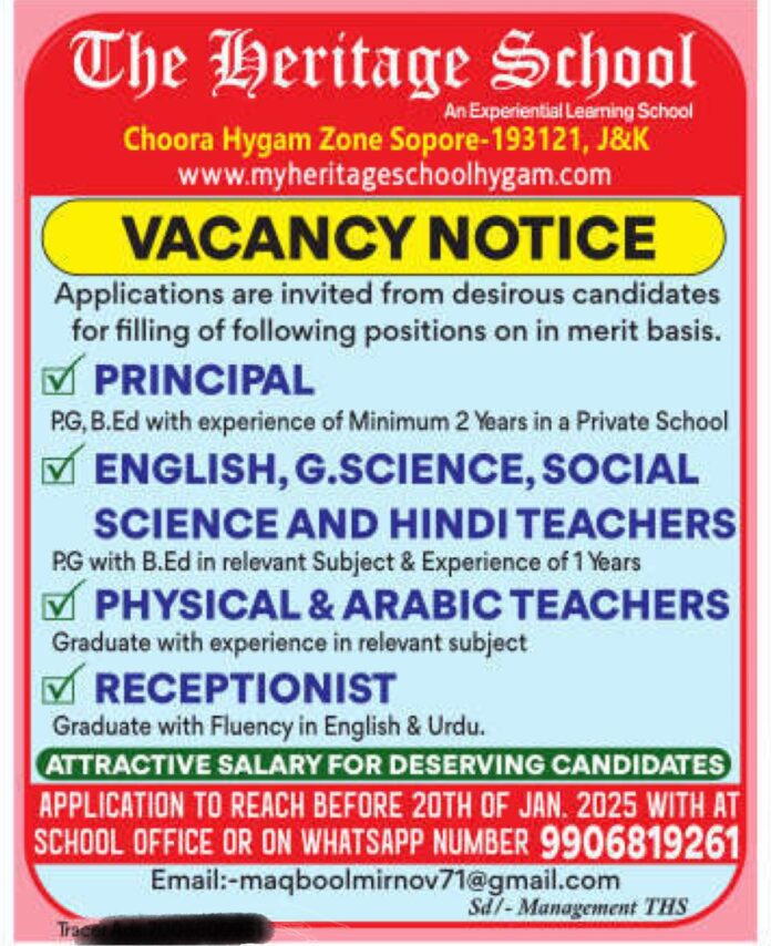 Job Openings at The Heritage School, Hygam Zone Sopore