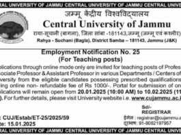 Central University of Jammu: Teaching Posts Recruitment Notification