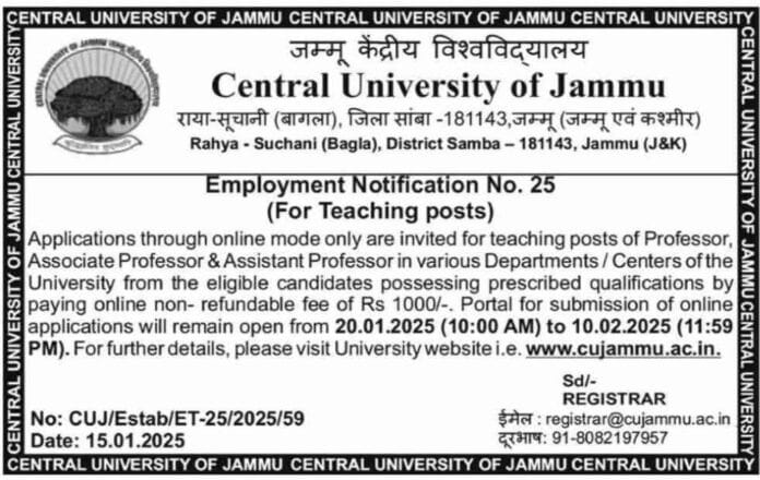 Central University of Jammu: Teaching Posts Recruitment Notification