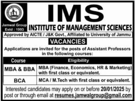 Job Openings at Institute of Management Sciences, Jammu