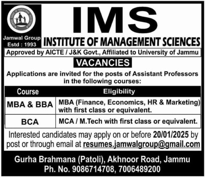 Job Openings at Institute of Management Sciences, Jammu