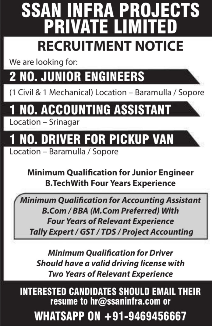 Job Opportunities at SSAN Infra Projects Pvt. Ltd.