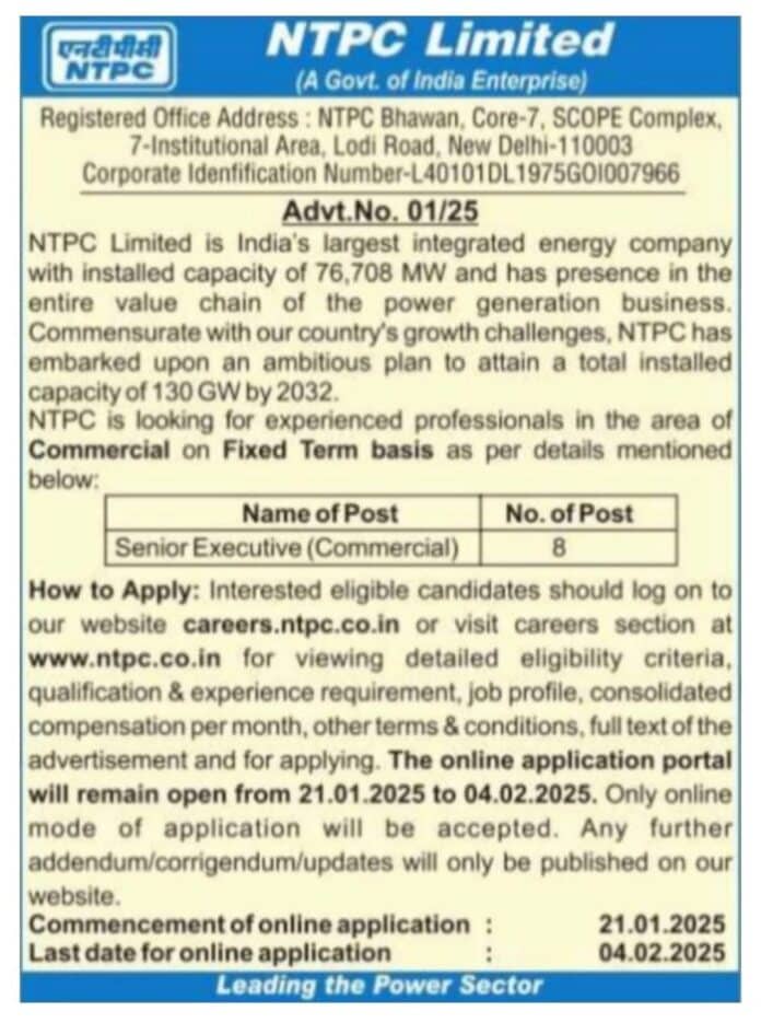 Job Opportunity at NTPC Limited: Senior Executive (Commercial)