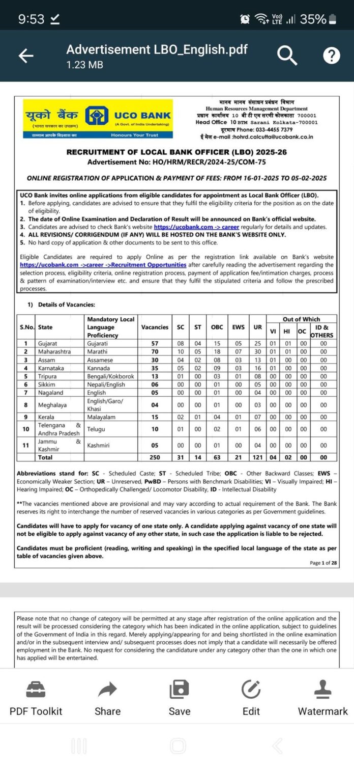 Job Opening: Recruitment of Local Bank Officer (LBO) 2025-26 at UCO Bank