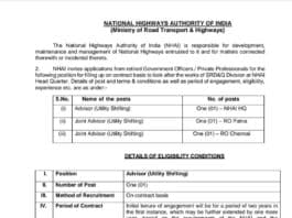 Job Opening: Advisor & Joint Advisor (Utility Shifting) at National Highways Authority of India (NHAI)