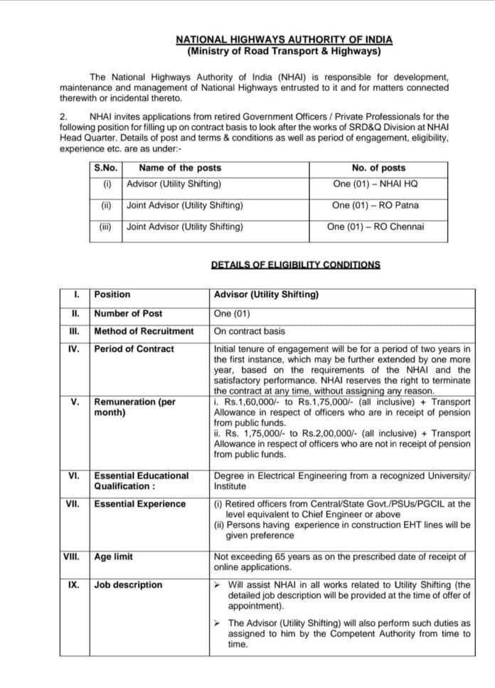 Job Opening: Advisor & Joint Advisor (Utility Shifting) at National Highways Authority of India (NHAI)