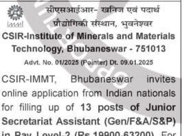 Job Opening: Junior Secretariat Assistant at CSIR-IMMT, Bhubaneswar