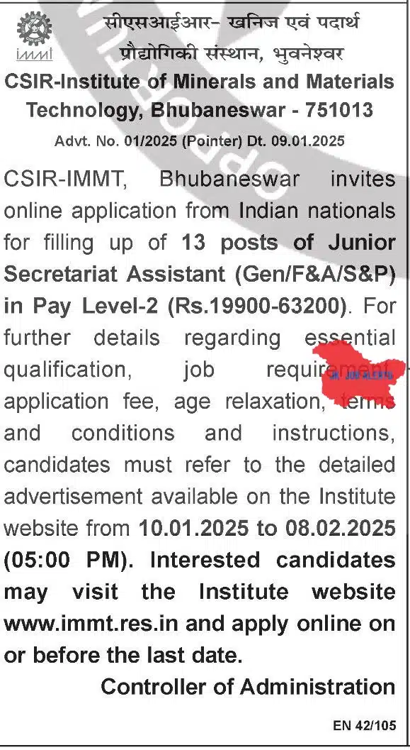 Job Opening: Junior Secretariat Assistant at CSIR-IMMT, Bhubaneswar