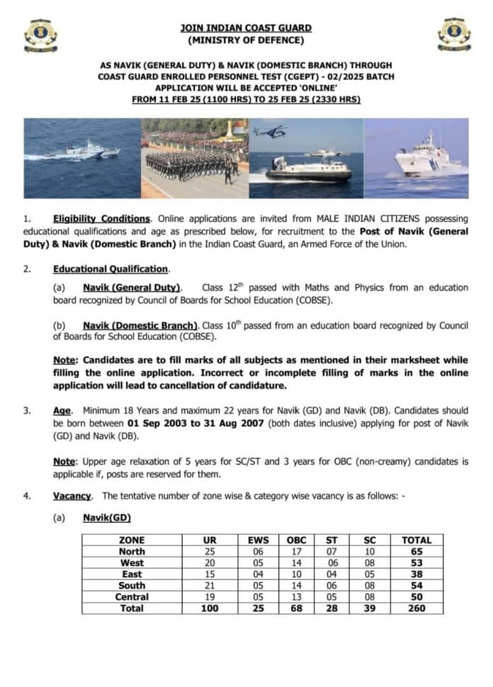 Job Opportunity: Indian Coast Guard Recruitment 2025 for Navik (General Duty) & Navik (Domestic Branch)