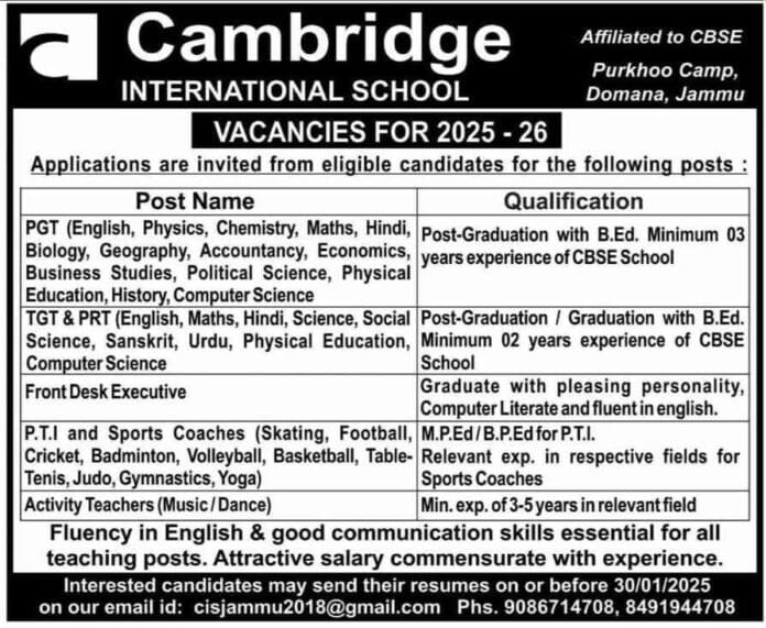 Job Openings at Cambridge International School, Jammu (2025-26)