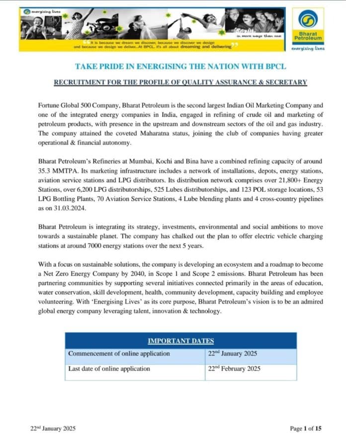 Job Notification: Bharat Petroleum Corporation Limited (BPCL) Recruitment 2025