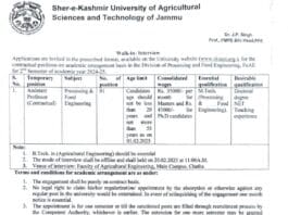 Walk-In Interview at Sher-e-Kashmir University of Agricultural Sciences and Technology (SKUAST) Jammu