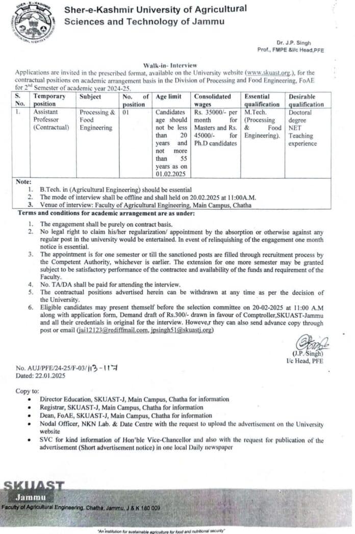 Walk-In Interview at Sher-e-Kashmir University of Agricultural Sciences and Technology (SKUAST) Jammu