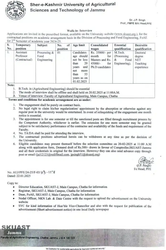 Walk-In Interview at Sher-e-Kashmir University of Agricultural Sciences and Technology (SKUAST) Jammu