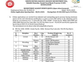 North Central Railway Recruitment 2024-25 Against Sports Quota