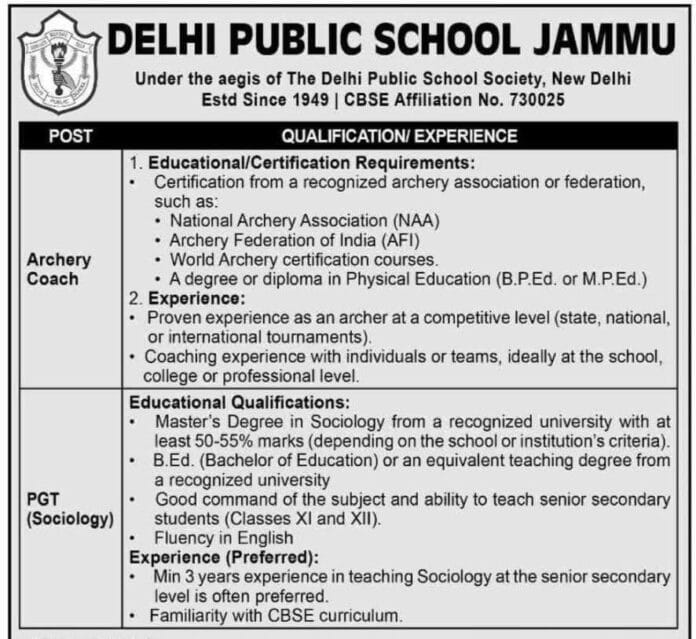 Job Openings at Delhi Public School Jammu 2025